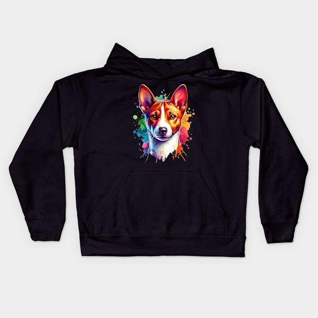 Watercolor Basenji Dog Kids Hoodie by The Jumping Cart